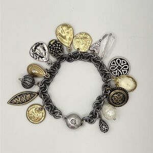 Mixed Metal Charm Bracelet with Pearl & Crystal Accents and Magnetic Clasp